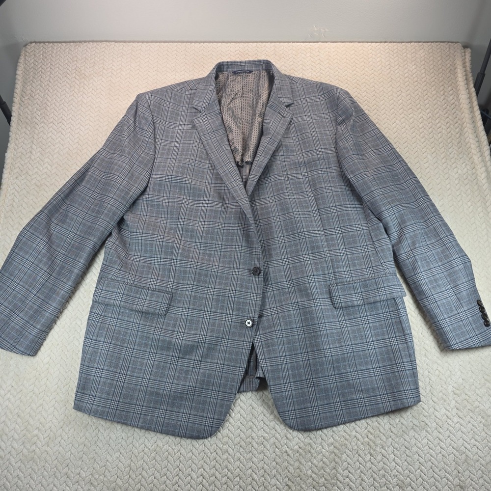 Ralph Lauren Mens 54L Grey Blue Glen Plaid 100% Wool Natural Stretch Blazer Coat